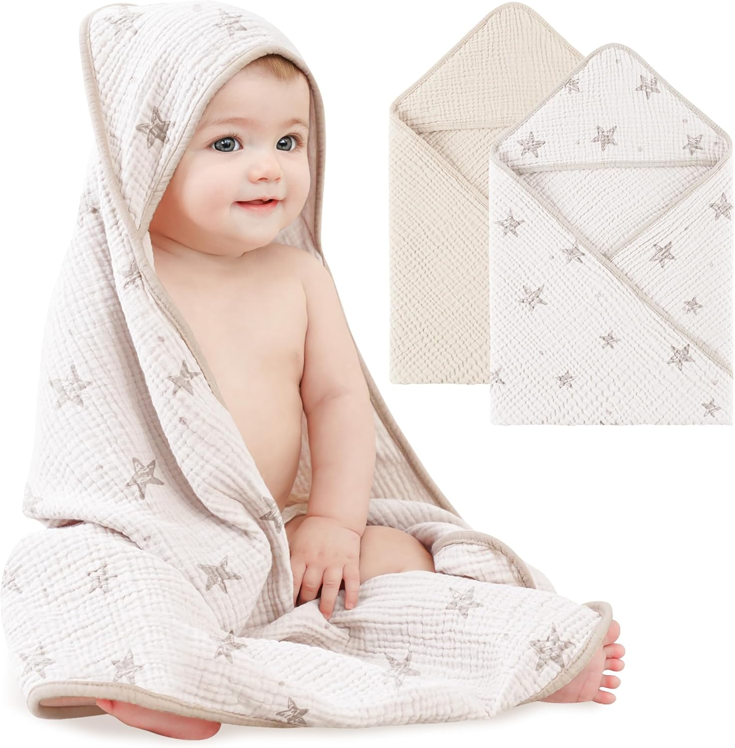 Muslin Baby Bath Towels 100% Cotton Baby Hooded Bathing Towels for Newborn Unisex Baby Boys Girls Infants Toddlers & Kids - 30X30In 2Pack (Cream Star)
