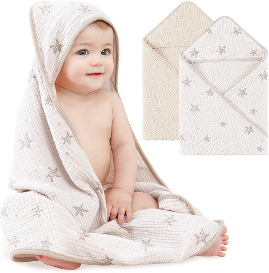 Muslin Baby Bath Towels 100% Cotton Baby Hooded Bathing Towels for Newborn Unisex Baby Boys Girls Infants Toddlers & Kids - 30X30In 2Pack (Cream Star)