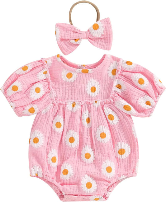 Baby Girl Bubble Romper Cotton Blend Cute Daisy Print round Neck Bodysuits Newborn Girl Summer Outfits
