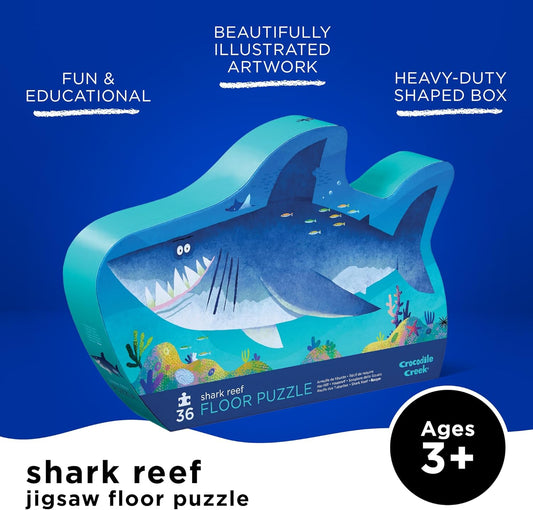 36-Piece Jigsaw Floor Puzzle - Fun Floor Puzzles for Kids Ages 3-5 - Heavy-Duty Shaped Box for Storage - Shark Reef - 24" W X 18" H Finished