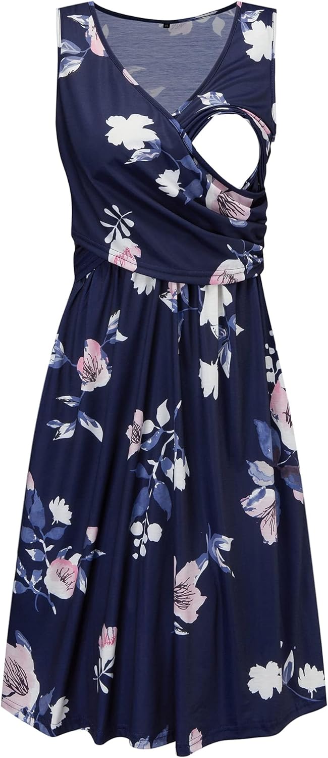 Womens V-Neck Long Sleeve Floral Maternity Dresses Nursing Gown Breastfeeding Dress