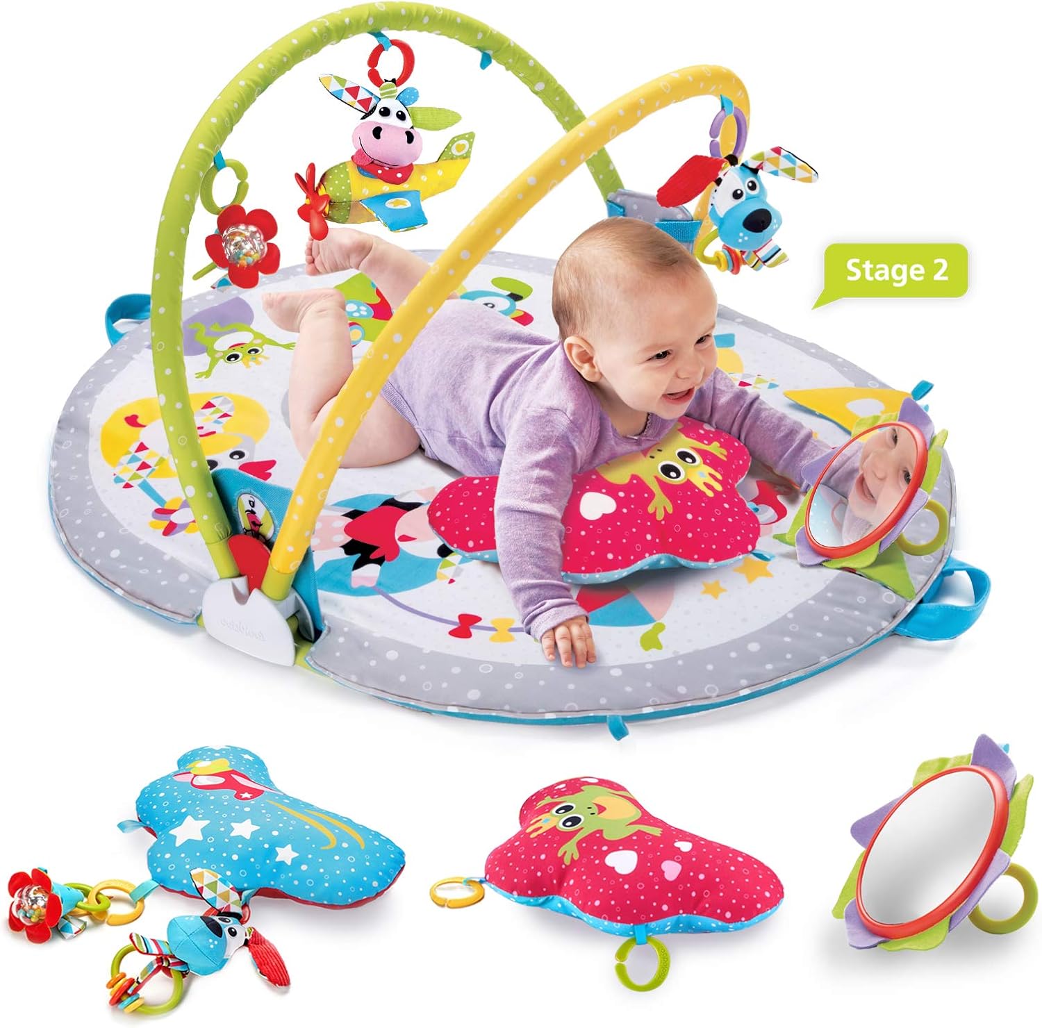 Baby Gym Lay to Sit-Up Playmat. 3-In-1 Newborns Activity Center with Tummy Time Toys, Pillow & Infant Miror. 0-12 Month