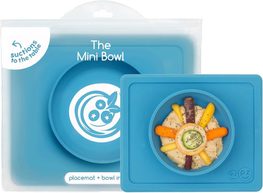 Mini Bowl (Blue) - 100% Silicone Suction Bowl with Built-In Placemat for Infants + Toddlers - Comes with a Reusable Travel Bag