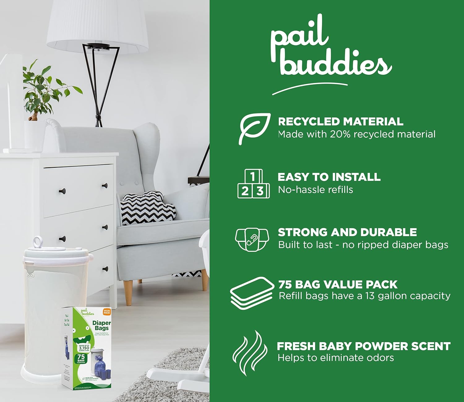 Disposable Diaper Pail Refills Compatible with Ubbi Diaper Pail | Diaper Pail Refill Bags Made with Recycled Material | Fresh Powder Scent for Odor Control | Disposable Diaper Trash Bags (75 Count)