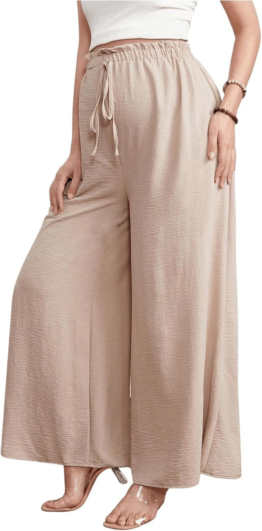 Women'S Maternity Wide Leg Palazzo Pants Drawstring Elastic Waist Loose Fit Flowy Long Pants