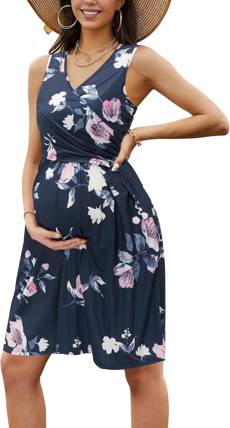 Womens V-Neck Long Sleeve Floral Maternity Dresses Nursing Gown Breastfeeding Dress
