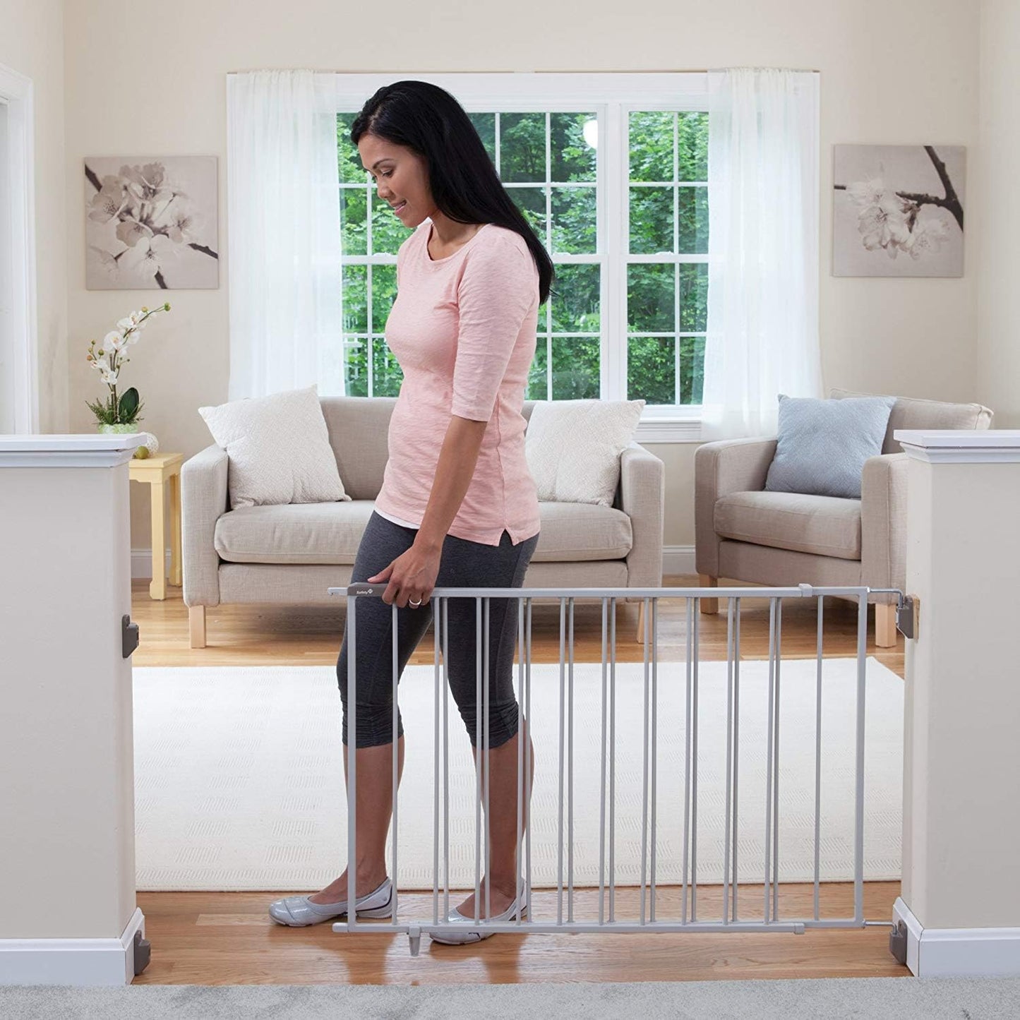 Wide and Sturdy Gate Fits 40-60" Wide, and 26.5" Tall, Hardware Mounted Metal Swing Gate, Perfect for Babies and Pets, White