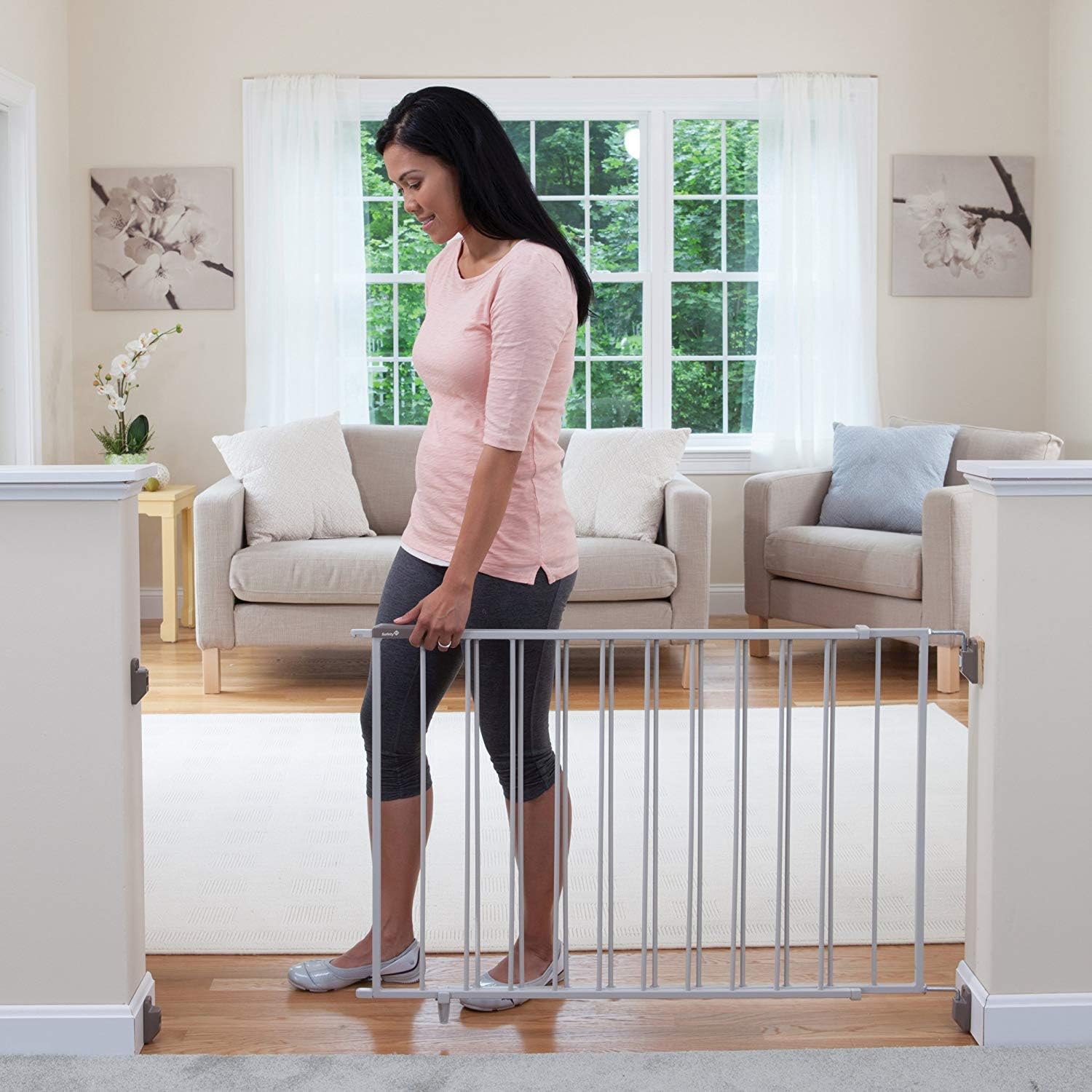 Wide and Sturdy Gate Fits 40-60" Wide, and 26.5" Tall, Hardware Mounted Metal Swing Gate, Perfect for Babies and Pets, White