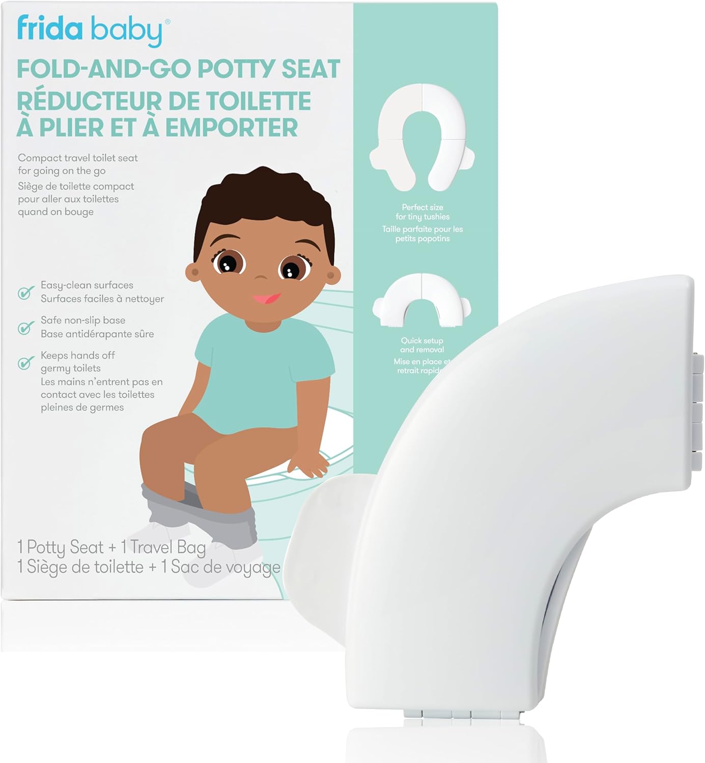 Fold-And-Go Potty Seat for Toilet, Foldable Travel Potty Seat for Toddler, Fits round & Oval Toilets, Non-Slip Base, Handles, Includes Free Travel Bag