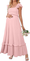 Womens 2025 Summer Maternity Photoshoot Dress Boho Maxi Smocked Baby Shower Dress Ruffle Sleeve Maternity Clothes