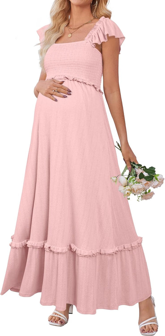 Womens 2025 Summer Maternity Photoshoot Dress Boho Maxi Smocked Baby Shower Dress Ruffle Sleeve Maternity Clothes