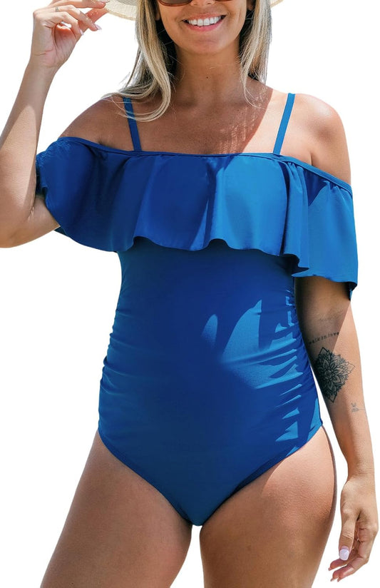 Women'S One Piece Swimsuit Maternity Bathing Suit Ruffled Square Neck off Shoulder Ruched Pregnancy Swimwear