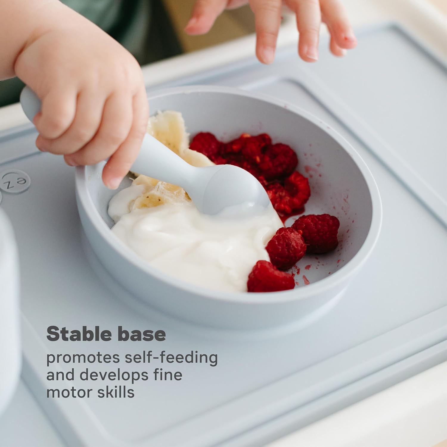 Mini Bowl (Blue) - 100% Silicone Suction Bowl with Built-In Placemat for Infants + Toddlers - Comes with a Reusable Travel Bag