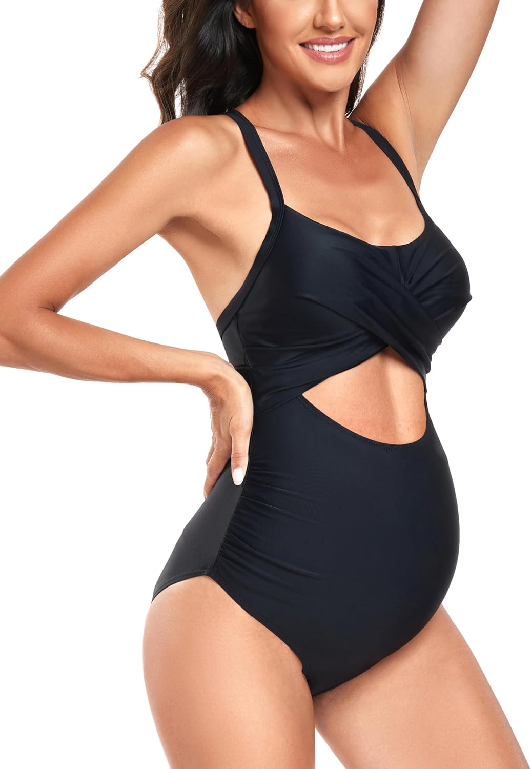 Maternity Cutout One Piece Swimwear Front Cross Pregnancy Bathing Suit with Wrap Tie Back