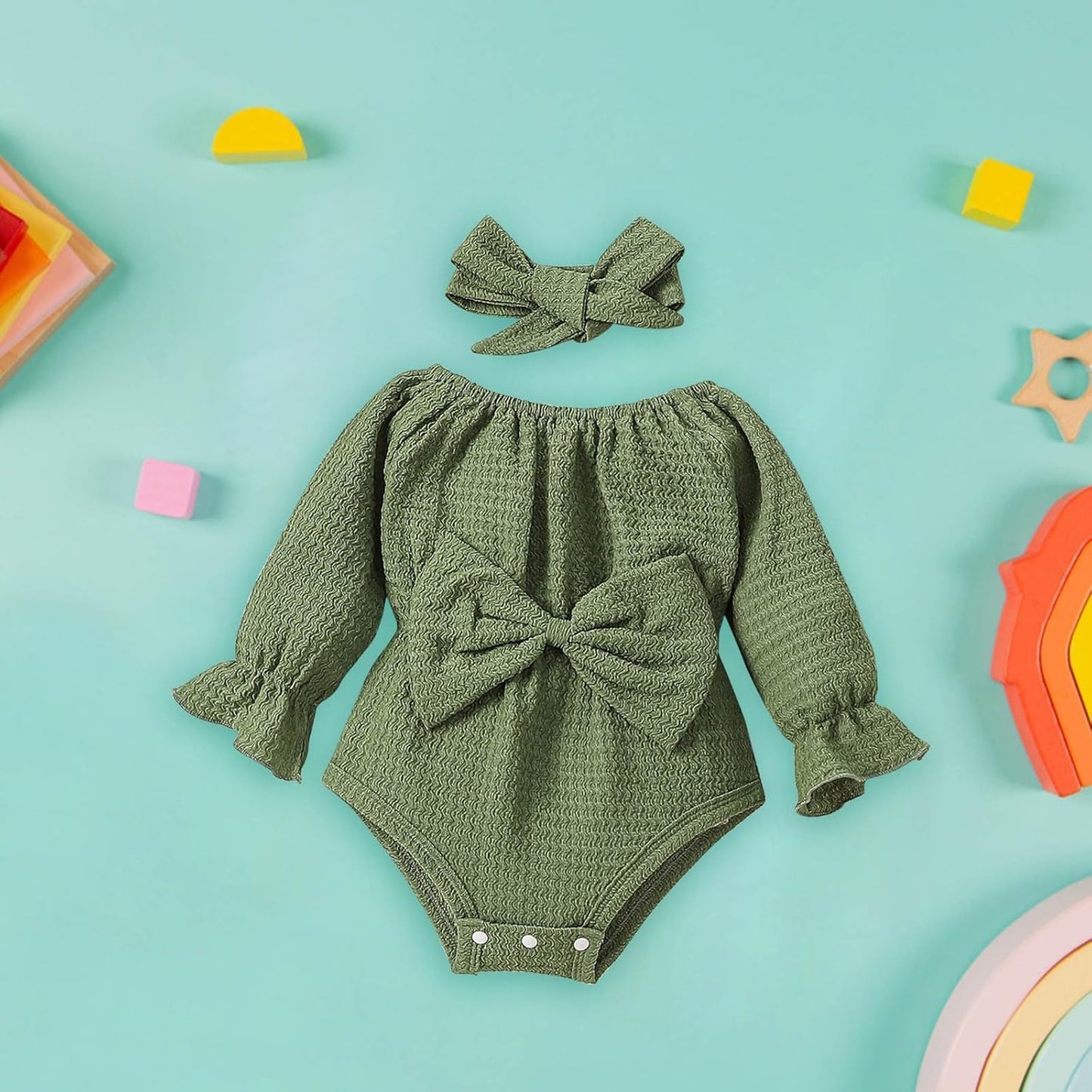 Newborn Baby Girl Spring Outfit Linen Ruffle Bubble Long Sleeve Romper Bodysuit+Headband Jumpsuit Infant Clothes