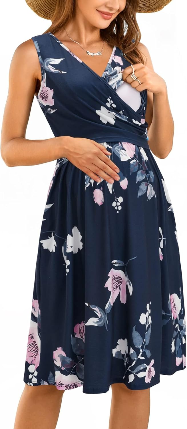 Womens V-Neck Long Sleeve Floral Maternity Dresses Nursing Gown Breastfeeding Dress