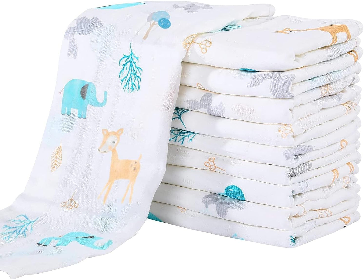 Muslin Burp Cloths for Baby 10 Pack 100% Cotton Baby Washcloths for Boys Girls Large 20''X10'' Super Soft and Absorbent Elephant