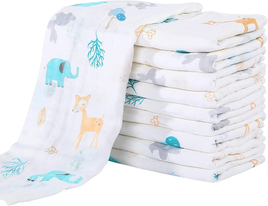 Muslin Burp Cloths for Baby 10 Pack 100% Cotton Baby Washcloths for Boys Girls Large 20''X10'' Super Soft and Absorbent Elephant