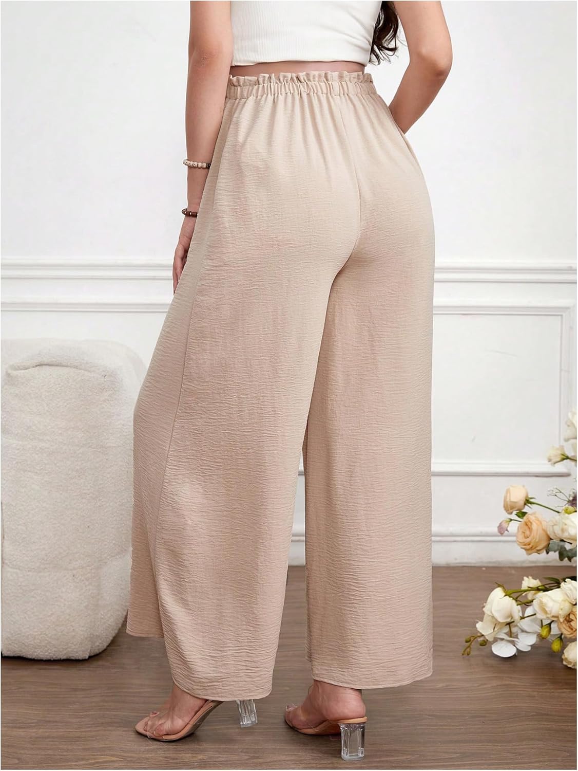 Women'S Maternity Wide Leg Palazzo Pants Drawstring Elastic Waist Loose Fit Flowy Long Pants
