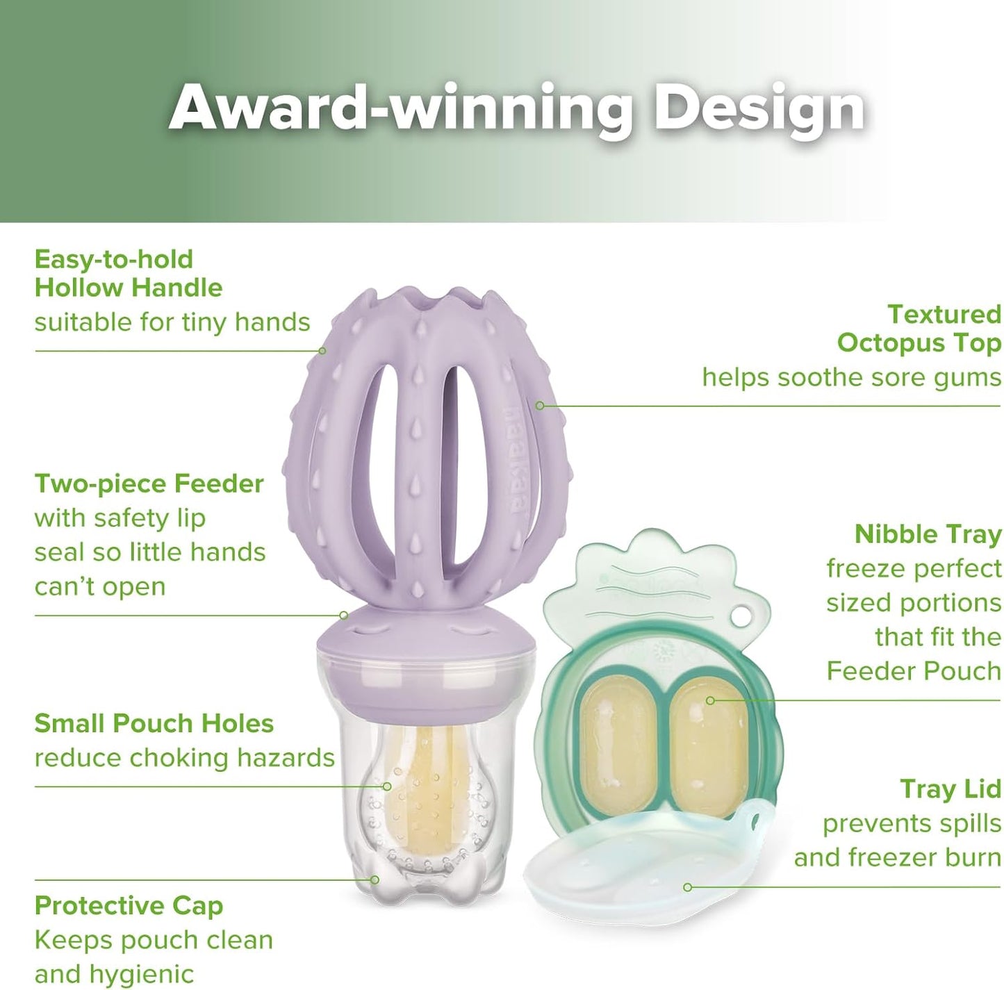 Octopus Baby Fruit Food Feeder & Mini Freezer Nibble Tray Combo, Breastmilk Popsicle Molds for Cooling Relief, BPA Free Silicone Feeder for Safe Infant Self Feeding, 4 Month+ (Lavender)