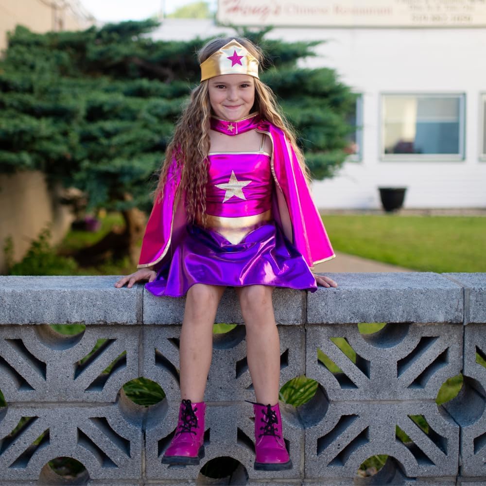Superhero Star Dress, Cape & Headpiece, Magenta/Purple, Size 5-6