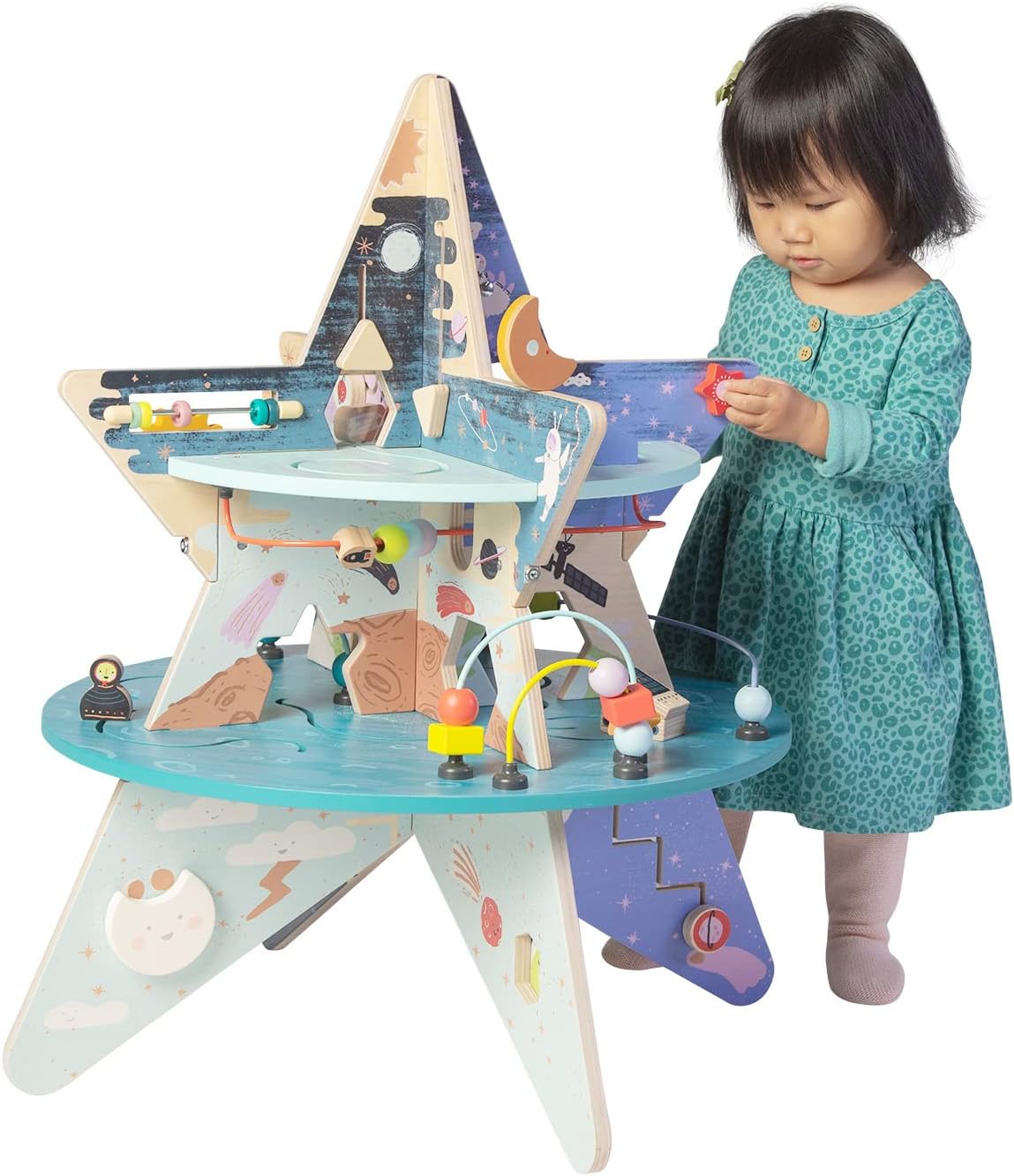 Double-Decker Celestial Star Explorer Wooden Activity Center with Shape Gliders, Spinners, Bead Runs & Alluring Artwork