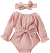 Newborn Baby Girl Spring Outfit Linen Ruffle Bubble Long Sleeve Romper Bodysuit+Headband Jumpsuit Infant Clothes