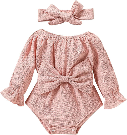 Newborn Baby Girl Spring Outfit Linen Ruffle Bubble Long Sleeve Romper Bodysuit+Headband Jumpsuit Infant Clothes