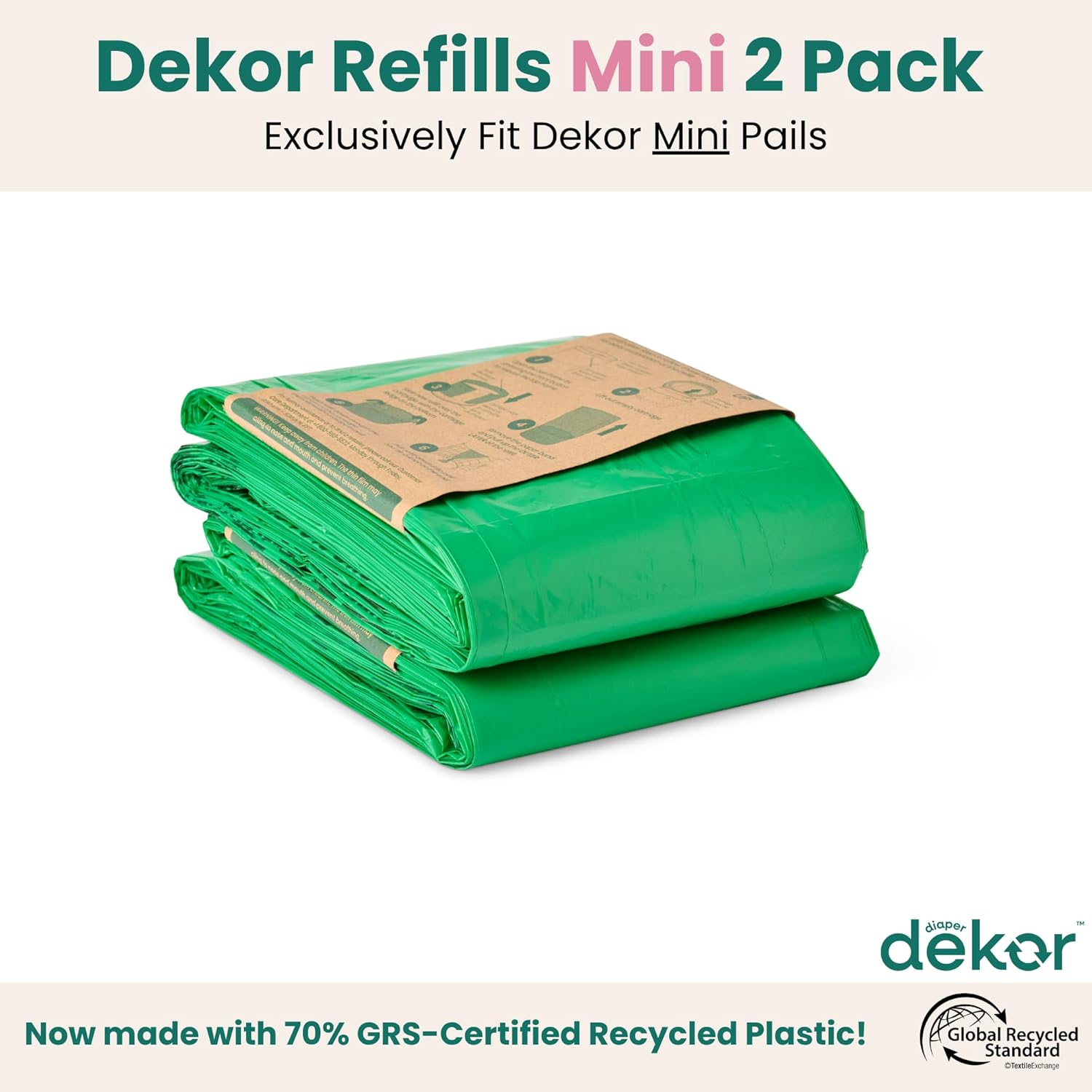 Diaper  Eko Mini Refills, 2 Count | ONLY Eco-Friendly Diaper Pail Refills Made with 70% Recycled Materials | Quicker, Easier & More Cost Effective than Trash Bags | Unscented