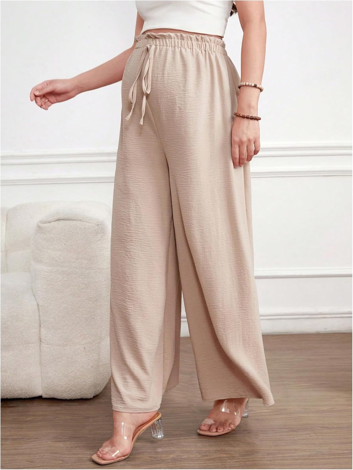 Women'S Maternity Wide Leg Palazzo Pants Drawstring Elastic Waist Loose Fit Flowy Long Pants