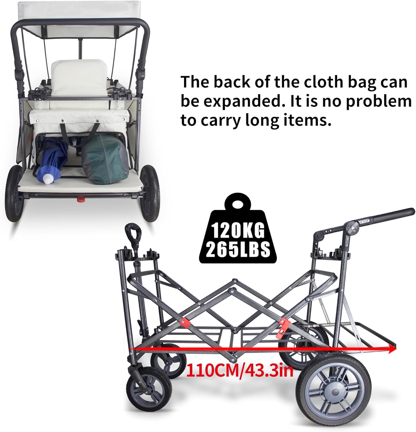 Folding Outdoor Collapsible Wagon with Quick-Release Wheels and 2 Seats, Heavy Duty Wagon 265LBS Load Capacity for Camping Garden Shopping (Beige)