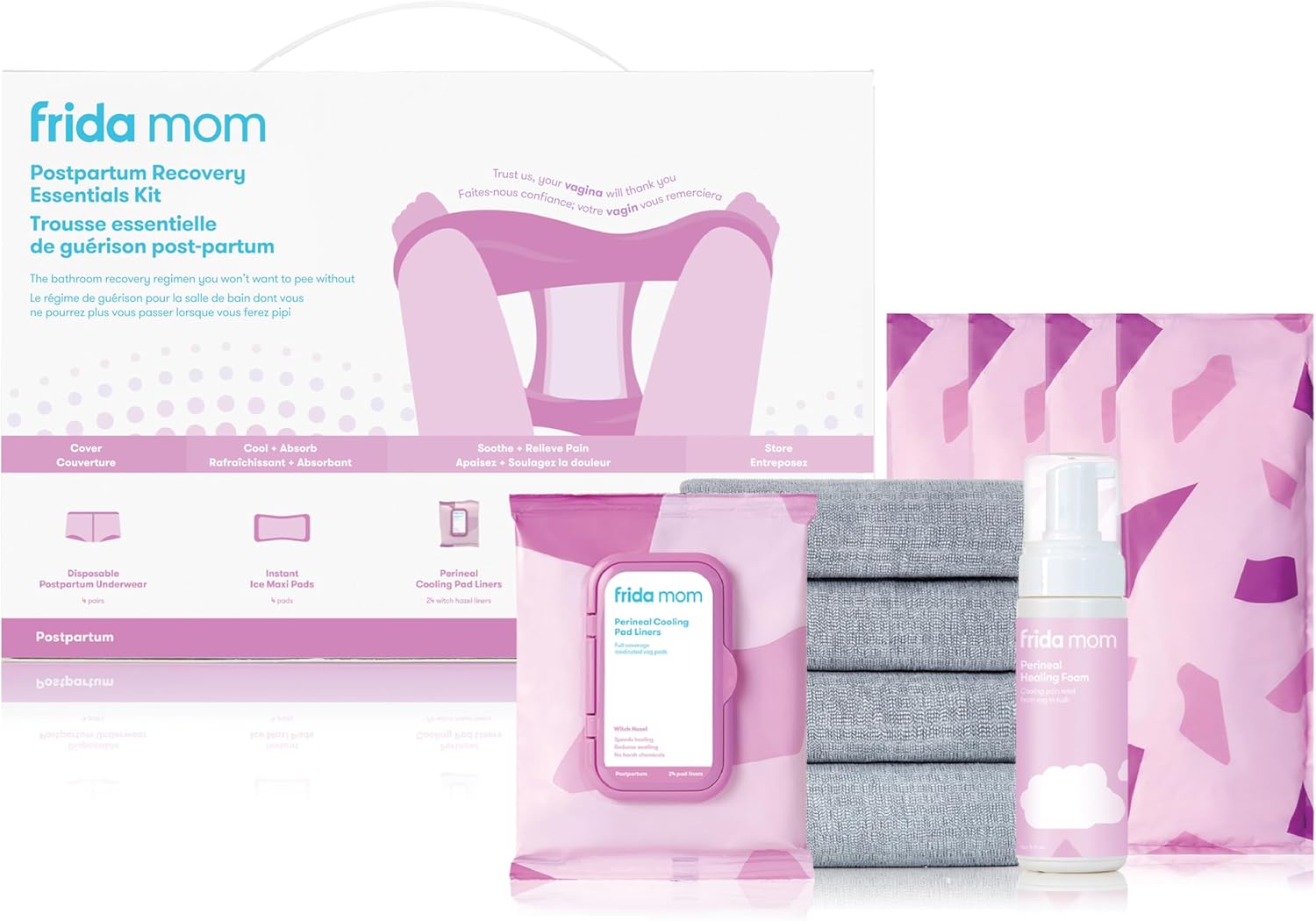 Postpartum Recovery Essentials Kit, New Mom Gifts, Cooling Pad Liners, Ice Maxi Pads, Disposable Underwear, Perineal Healing Foam (11Pc Set)
