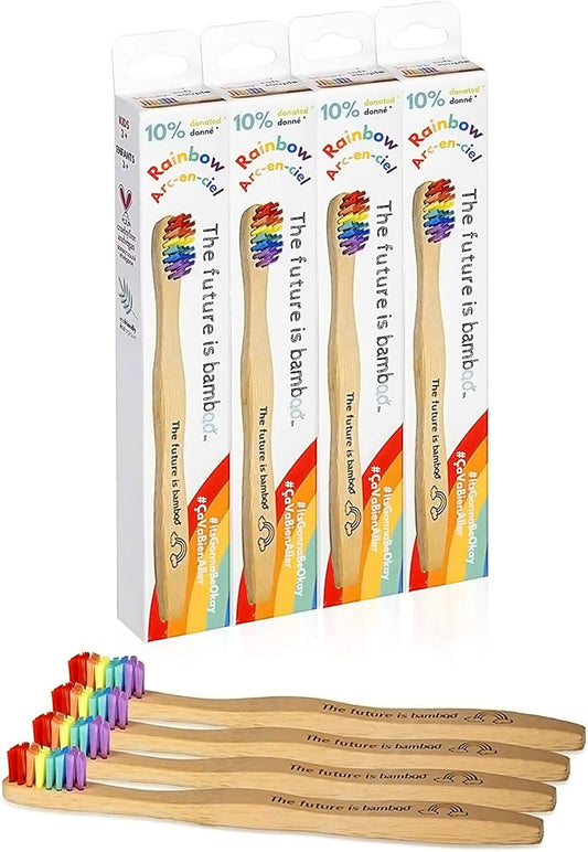 – Rainbow Bamboo Toothbrush for Kids, Pack of 4 Children’S Bamboo Toothbrushes with Soft Wave Bristles