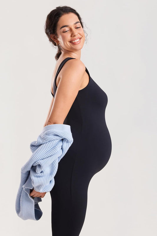 Maternity Jumpsuit Workout Romper for Pregnancy Seamless Leggings Bodysuit Sleeveless Square Neck Tank Top