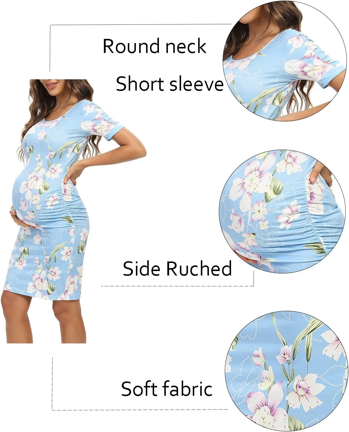 Maternity Dress Short Sleeve Ruched Sides Knee Length Maternity Bodycon Dresses