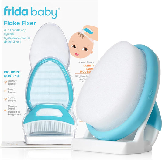 the 3-Step Cradle Cap System & Cradle Cap Treatment, Dermafrida the Flakefixer, Sponge, Brush, Comb and Storage Stand for Babies with Cradle Cap, White-Blue