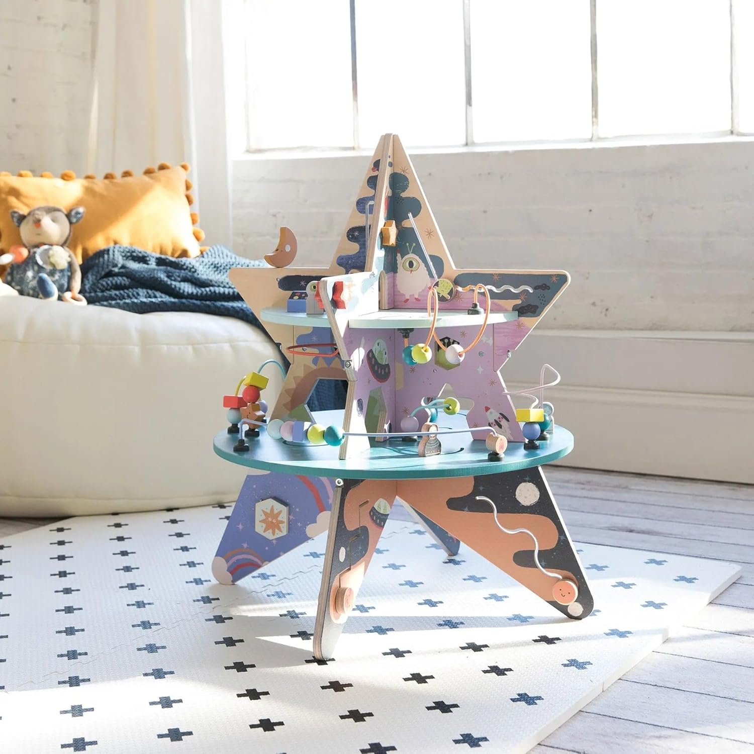 Double-Decker Celestial Star Explorer Wooden Activity Center with Shape Gliders, Spinners, Bead Runs & Alluring Artwork