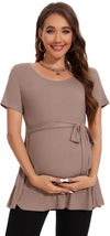 Women'S Short Sleeve Maternity Shirts Tie Front Pregnancy Clothes Tops