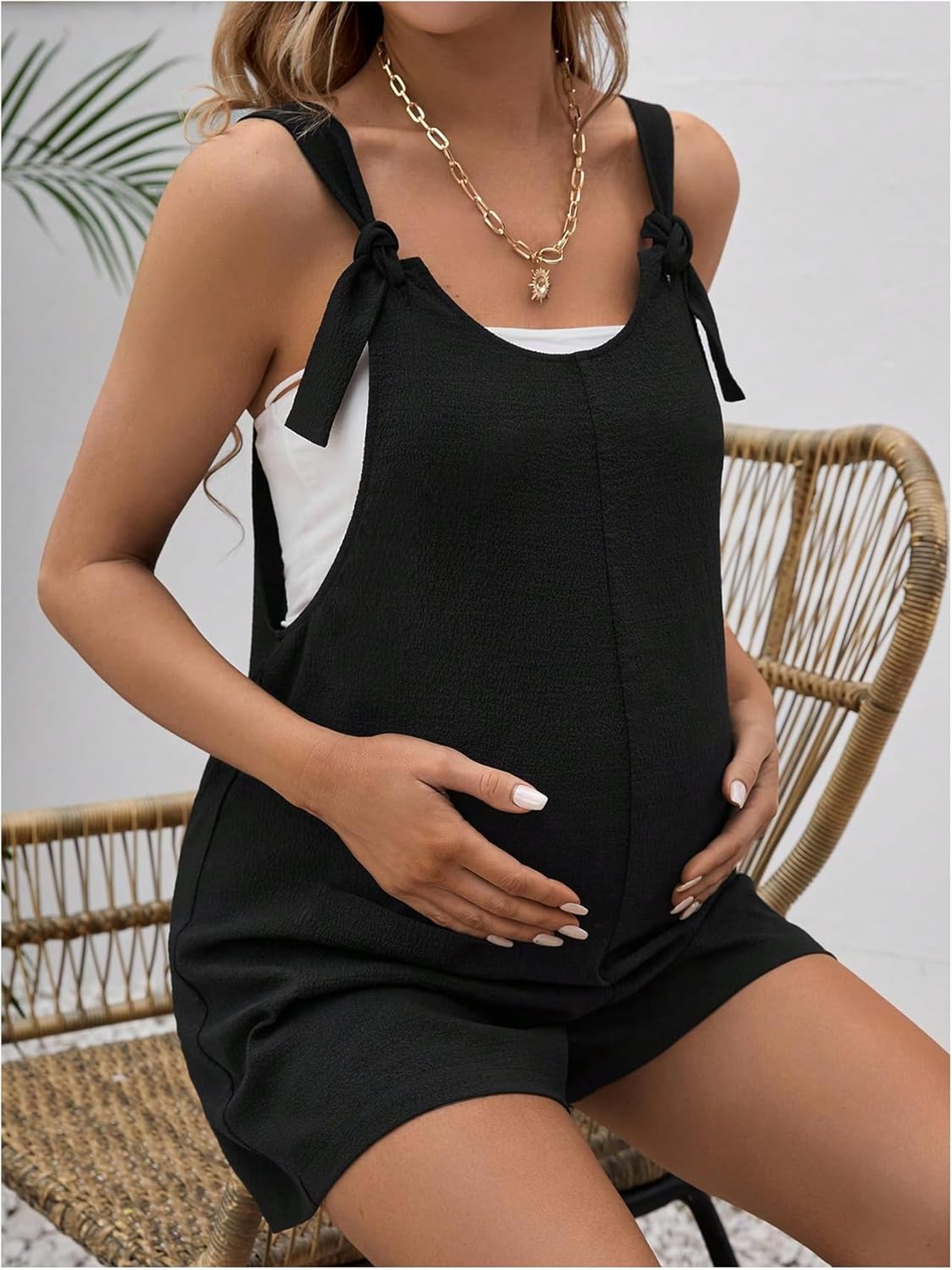 Women'S Maternity Tie Knot Wide Strap Suspender Overall Shorts Jumpsuit Sleeveless Romper with Pocket