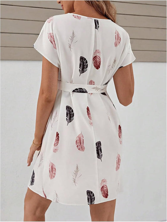 Women'S Maternity Graphic Print Cut Out round Neck Short Sleeve Belted Dress