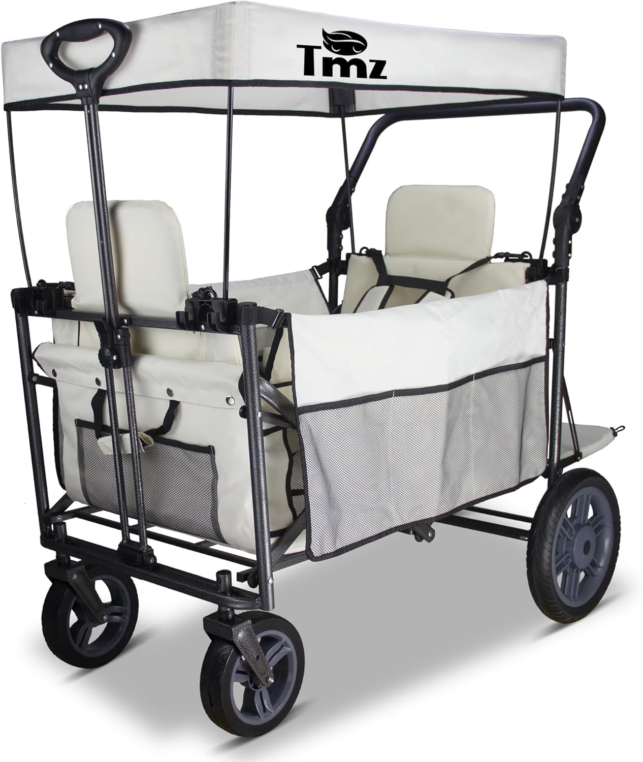 Folding Outdoor Collapsible Wagon with Quick-Release Wheels and 2 Seats, Heavy Duty Wagon 265LBS Load Capacity for Camping Garden Shopping (Beige)