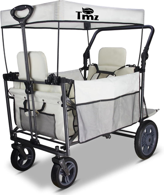 Folding Outdoor Collapsible Wagon with Quick-Release Wheels and 2 Seats, Heavy Duty Wagon 265LBS Load Capacity for Camping Garden Shopping (Beige)