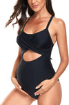 Maternity Cutout One Piece Swimwear Front Cross Pregnancy Bathing Suit with Wrap Tie Back