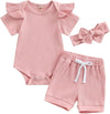 Newborn Girls Summer Outfits 3PCS Set - Ribbed Knit Romper + Shorts + Headband | Baby Girl Clothes Infant Bodysuit Set