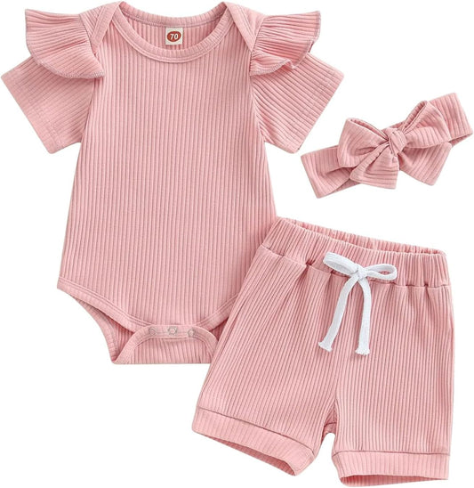 Newborn Girls Summer Outfits 3PCS Set - Ribbed Knit Romper + Shorts + Headband | Baby Girl Clothes Infant Bodysuit Set