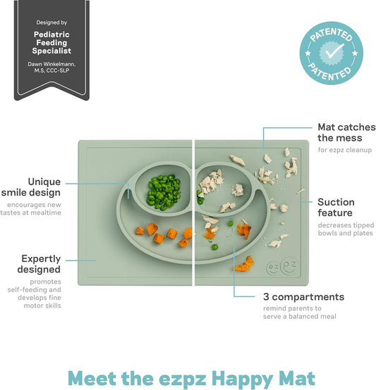 Happy Mat (Sage) - 100% Silicone Suction Plate with Built-In Placemat for Toddlers + Preschoolers - Divided Plate - Dishwasher Safe