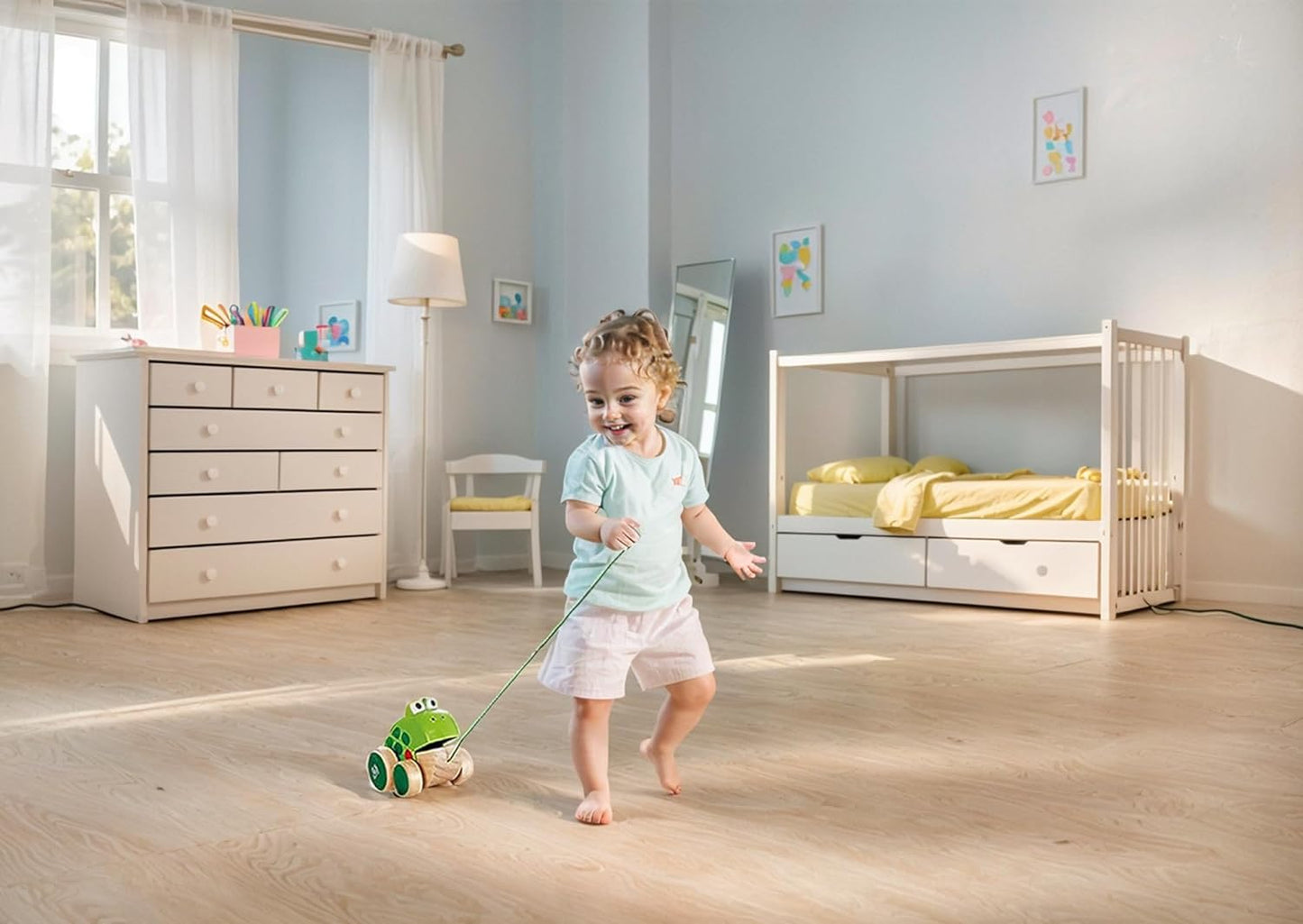 Frog Pull-Along | Wooden Frog Fly Eating Pull Toddler Toy, Bright Colors