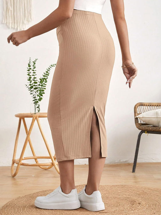 Women'S Maternity Adjustable High Waist Ribbed Knit Split Hem Midi Pencil Skirt