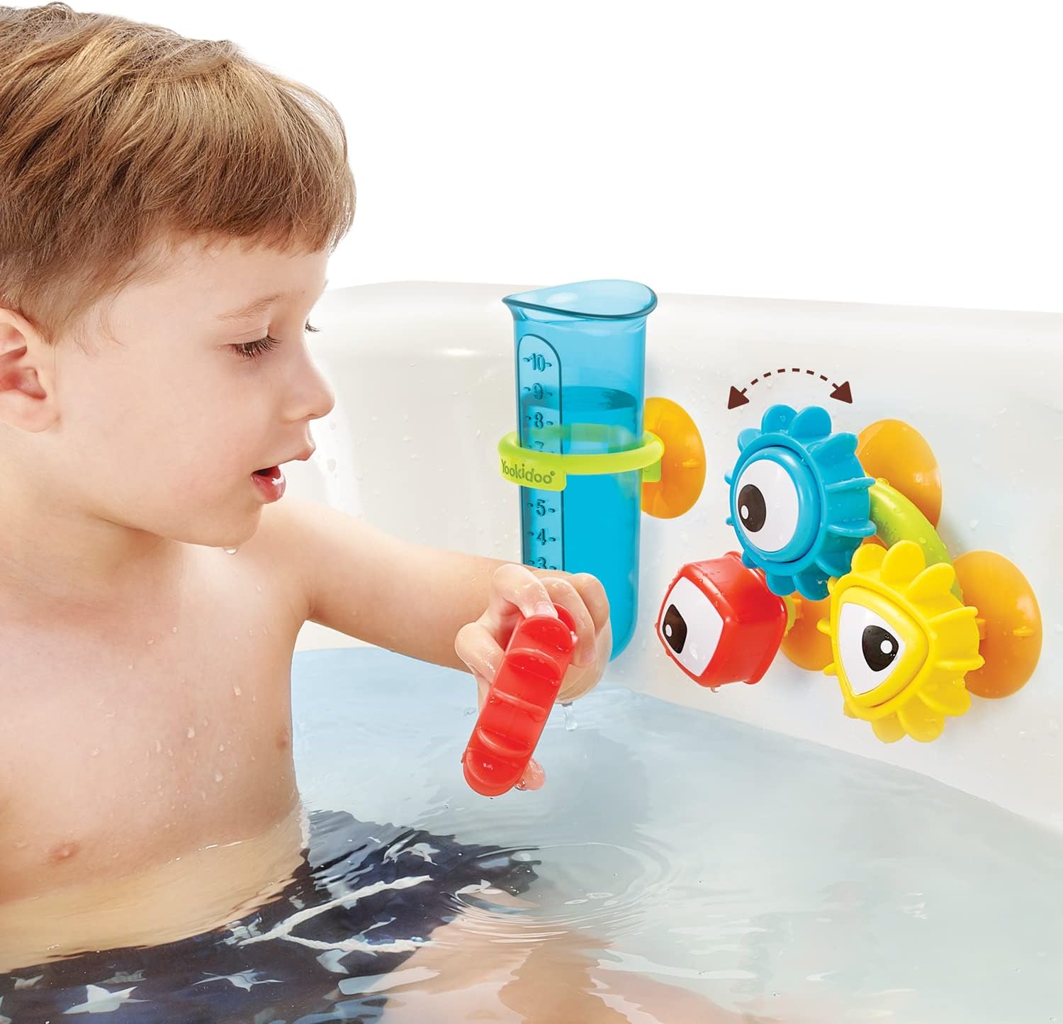 Baby Bath Toy - Spin 'N' Sort Water Gear - Childrens Sensory Water Wheel Set That Attaches to Any Size Tub - Includes Suction Cups, 3 Googly Eye Gears, and Pourers