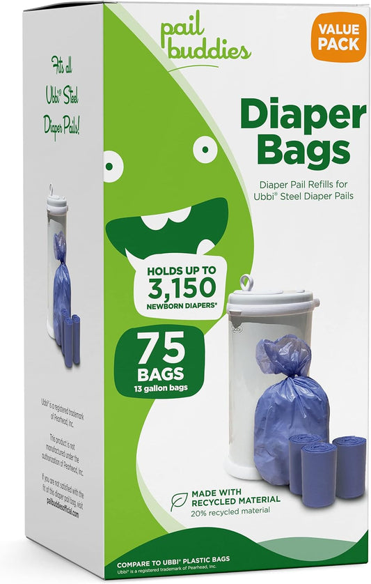 Disposable Diaper Pail Refills Compatible with Ubbi Diaper Pail | Diaper Pail Refill Bags Made with Recycled Material | Fresh Powder Scent for Odor Control | Disposable Diaper Trash Bags (75 Count)